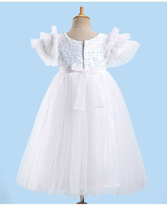 Babyhug Sleeveless  Glitter Printed Party Gown with Floral Applique - White