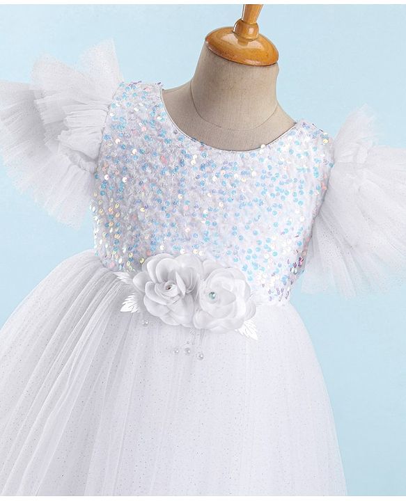 Babyhug Sleeveless  Glitter Printed Party Gown with Floral Applique - White