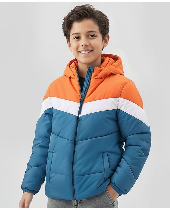 Pine Kids Full Sleeves Cut & Sew Medium Winter Hooded Jacket - Blue & Orange