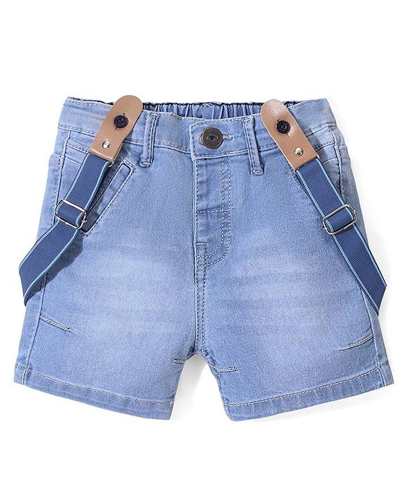Babyhug Cotton Spandex Washed Denim Stretchable Shorts with Suspender - Blue
