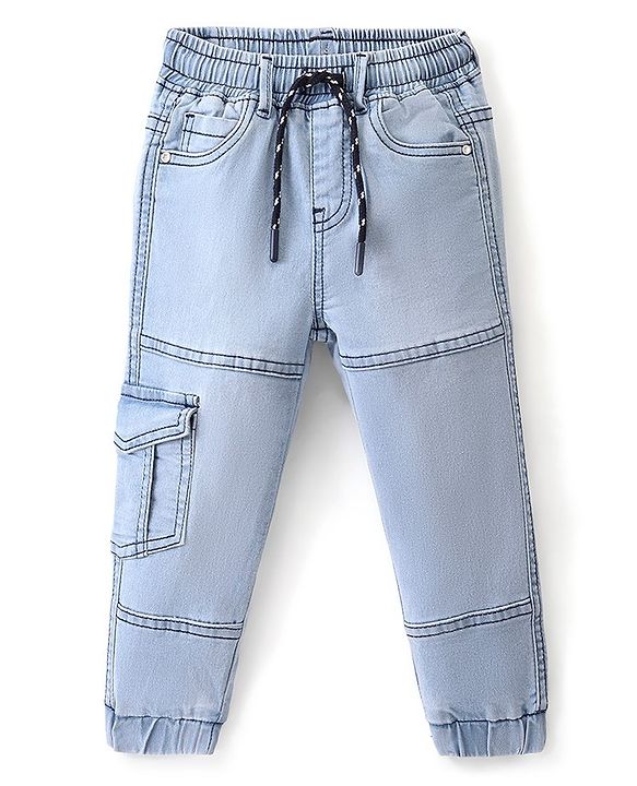 Babyhug Denim Full Sleeves Stretchable Washed Joggers - Blue