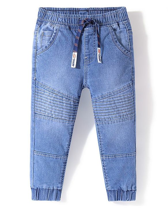 Babyhug Cotton Spandex Denim Full Length Washed Jogger With Stretch Solid Colour - Blue