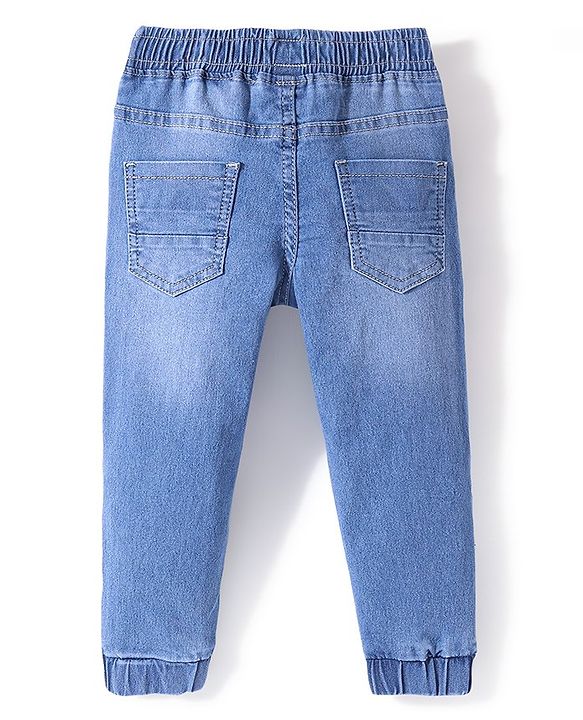 Babyhug Cotton Spandex Denim Full Length Washed Jogger With Stretch Solid Colour - Blue