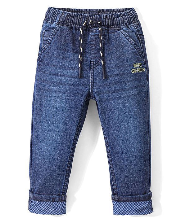 Babyhug Cotton Spandex Full Length Solid Colour Stretchable Jeans with Draw Cord - Blue