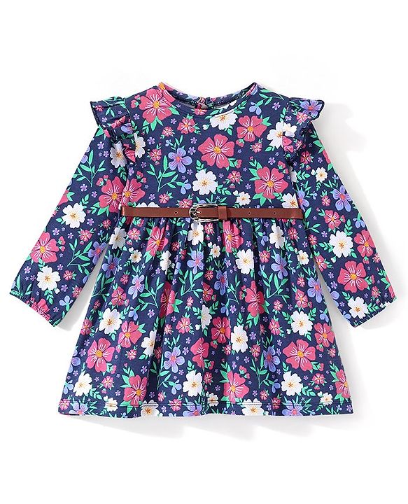 Babyhug Single Jersey Full Sleeves Frock with Floral Print - Navy Blue