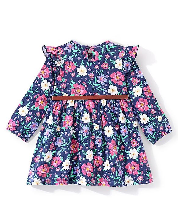 Babyhug Single Jersey Full Sleeves Frock with Floral Print - Navy Blue
