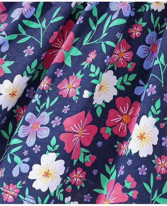 Babyhug Single Jersey Full Sleeves Frock with Floral Print - Navy Blue