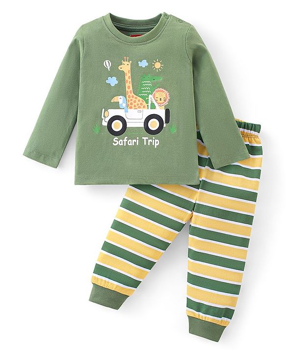 Babyhug Cotton Knit Full Sleeves Night Suit With Animals Print - Green