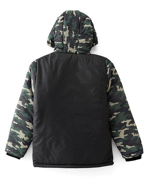 Pine Kids Woven Full Sleeves Cut And Sew Hooded Jacket With Camouflage Print - Olive And Black