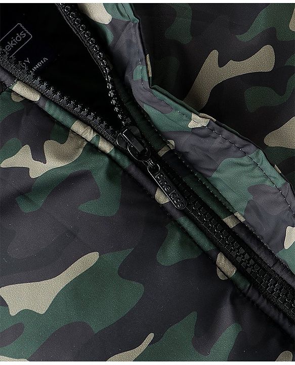 Pine Kids Woven Full Sleeves Cut And Sew Hooded Jacket With Camouflage Print - Olive And Black