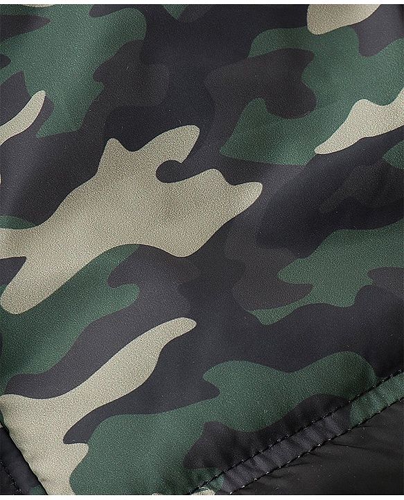 Pine Kids Woven Full Sleeves Cut And Sew Hooded Jacket With Camouflage Print - Olive And Black