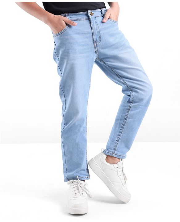 Pine Kids Full Length Back Elasticated Stretchable Solid Color Jeans - Ice Blue