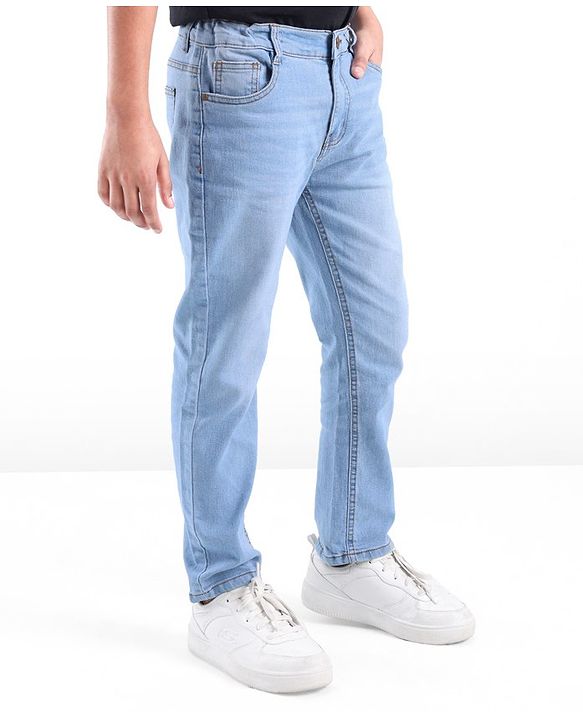 Pine Kids Full Length Back Elasticated Stretchable Solid Color Jeans - Ice Blue