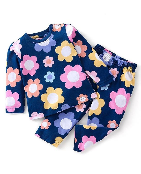 Babyhug Cotton Knit Full Sleeves Floral Printed Night Suit - Navy Blue