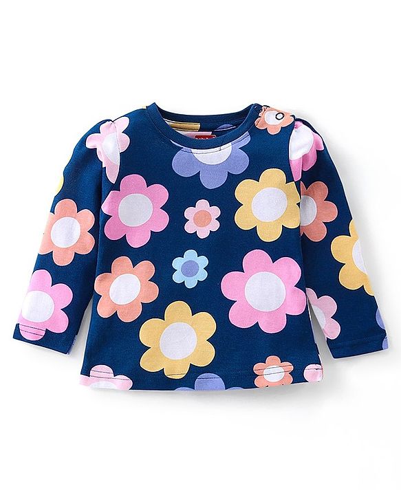 Babyhug Cotton Knit Full Sleeves Floral Printed Night Suit - Navy Blue