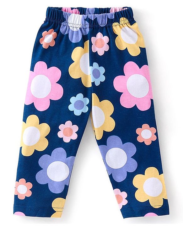 Babyhug Cotton Knit Full Sleeves Floral Printed Night Suit - Navy Blue