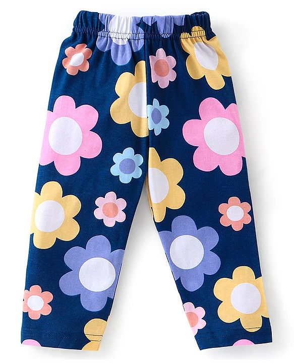 Babyhug Cotton Knit Full Sleeves Floral Printed Night Suit - Navy Blue