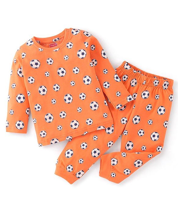Babyhug Cotton Knit Full Sleeves Soccer Printed Night Suit - Orange