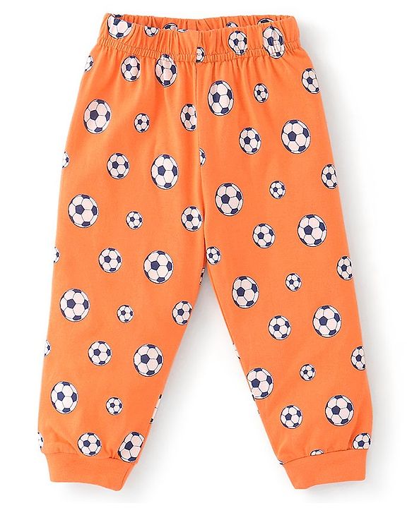 Babyhug Cotton Knit Full Sleeves Soccer Printed Night Suit - Orange