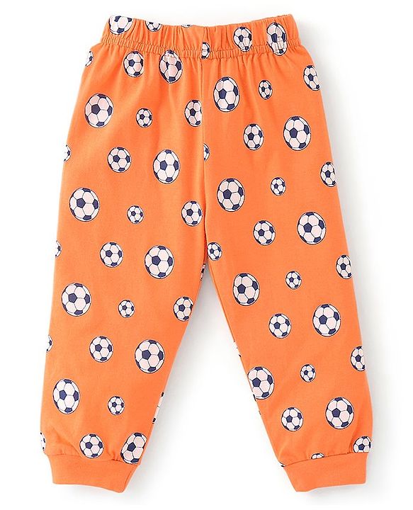 Babyhug Cotton Knit Full Sleeves Soccer Printed Night Suit - Orange