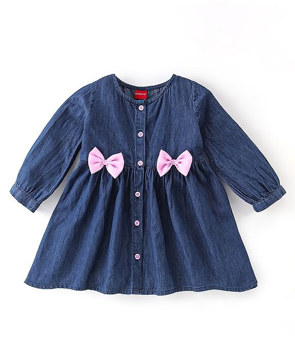 Babyhug Cotton Full Sleeves Frock with Bow & Leggings - Blue
