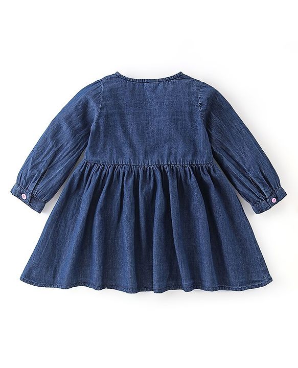 Babyhug Cotton Full Sleeves Frock with Bow & Leggings - Blue