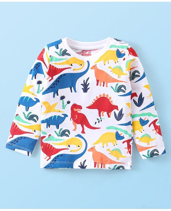 Babyhug Cotton Knit Full Sleeves Night Suit With Dino Print - White