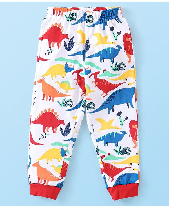 Babyhug Cotton Knit Full Sleeves Night Suit With Dino Print - White