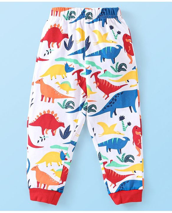 Babyhug Cotton Knit Full Sleeves Night Suit With Dino Print - White