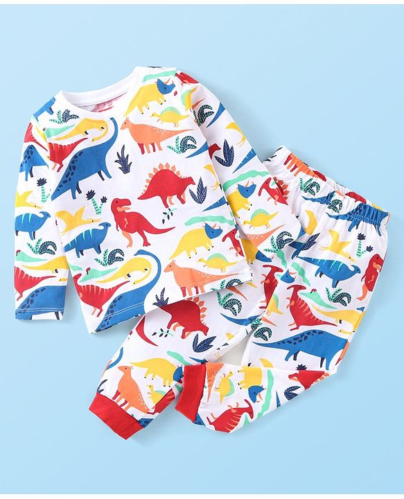 Babyhug Cotton Knit Full Sleeves Night Suit With Dino Print - White