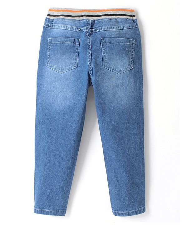 Babyhug Full Length Joggers With Stretch  & Bear Face Embroidered - Blue