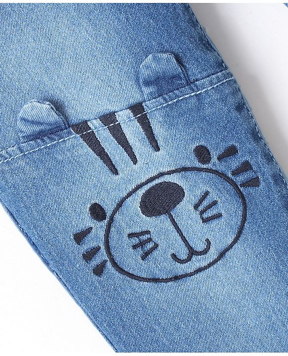 Babyhug Full Length Joggers With Stretch  & Bear Face Embroidered - Blue