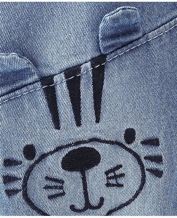 Babyhug Full Length Joggers With Stretch  & Bear Face Embroidered - Blue