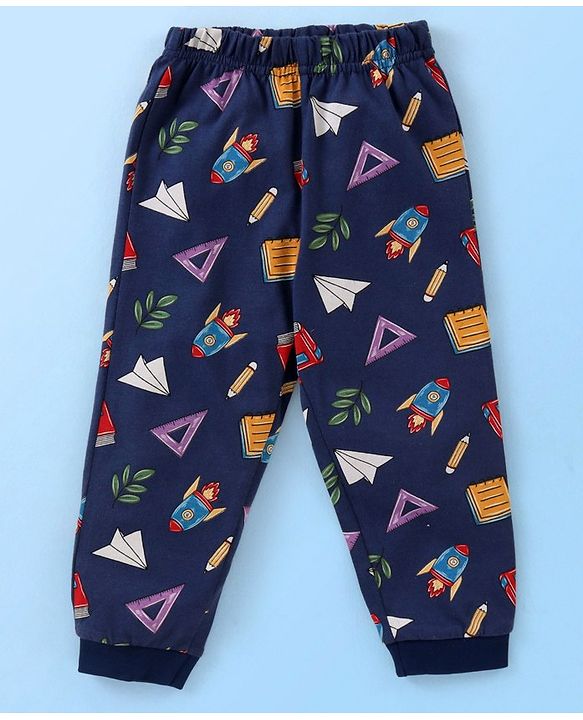 Babyhug Cotton Knit Full Sleeves Night Suit With Text Print - White & Navy Blue
