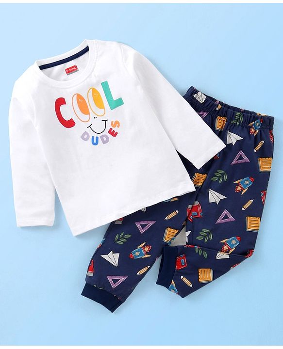 Babyhug Cotton Knit Full Sleeves Night Suit With Text Print - White & Navy Blue