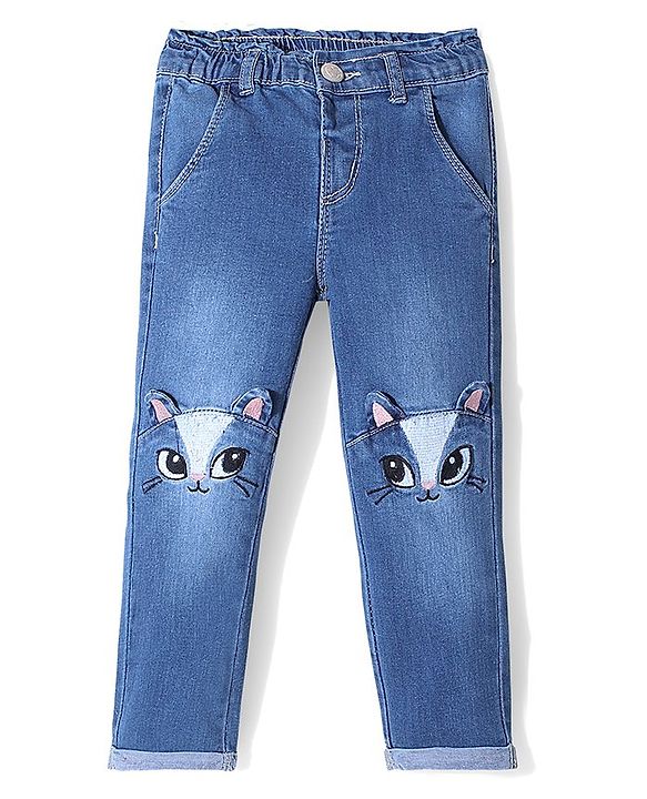 Babyhug Cotton Spandex Full Length Washed Stretchable Jeans with Kitty Applique - Blue