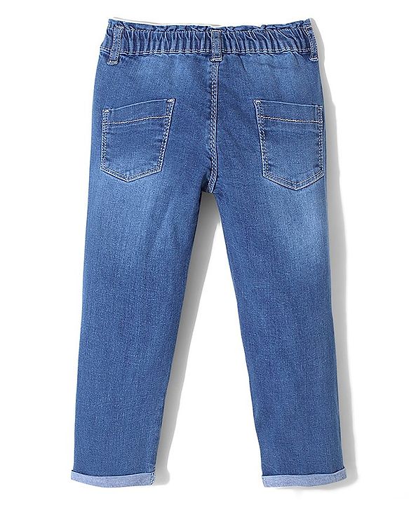 Babyhug Cotton Spandex Full Length Washed Stretchable Jeans with Kitty Applique - Blue