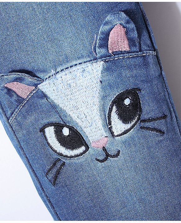 Babyhug Cotton Spandex Full Length Washed Stretchable Jeans with Kitty Applique - Blue