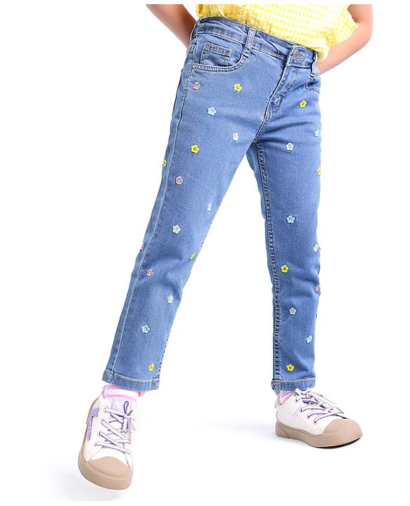 Babyhug Denim Full Length Jeans with Floral Embroidery with Stretch - Blue