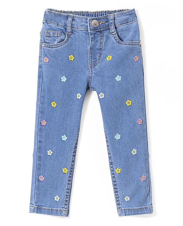 Babyhug Denim Full Length Jeans with Floral Embroidery with Stretch - Blue