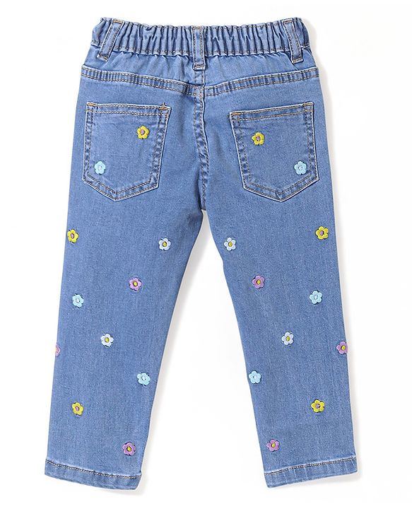 Babyhug Denim Full Length Jeans with Floral Embroidery with Stretch - Blue