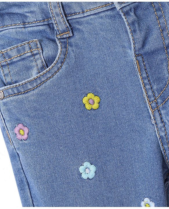 Babyhug Denim Full Length Jeans with Floral Embroidery with Stretch - Blue