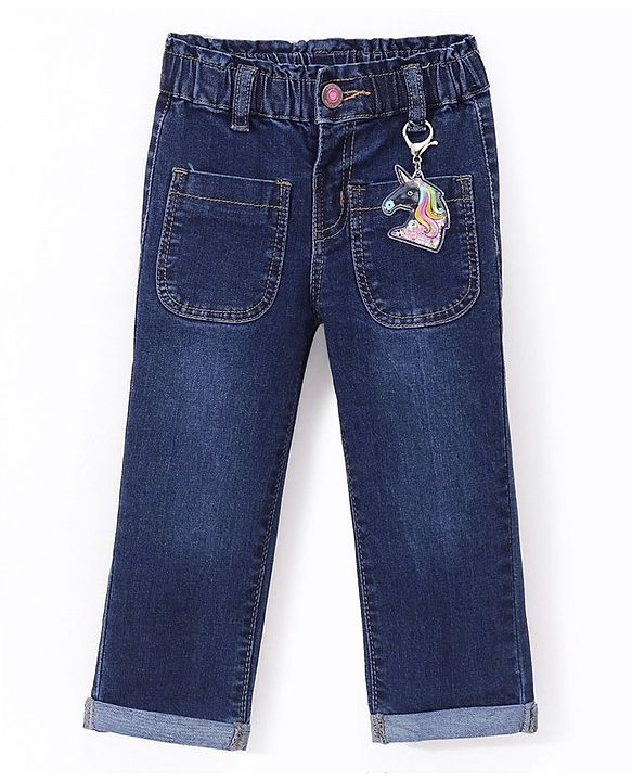Babyhug Denim Full Length With Stretch Jeans Solid Colour With Unicorn Keychain - Blue