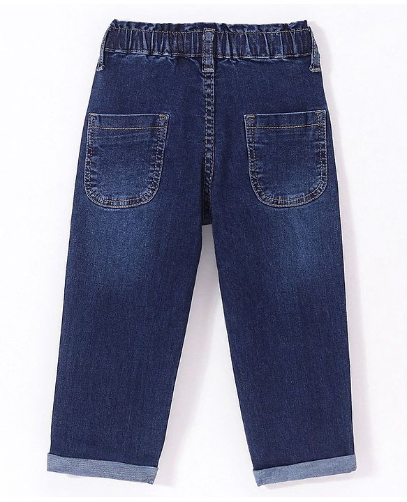 Babyhug Denim Full Length With Stretch Jeans Solid Colour With Unicorn Keychain - Blue