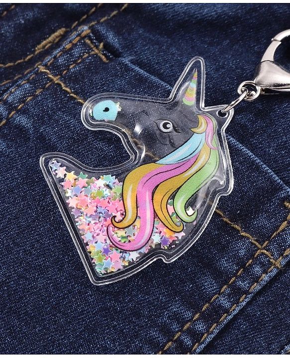 Babyhug Denim Full Length With Stretch Jeans Solid Colour With Unicorn Keychain - Blue