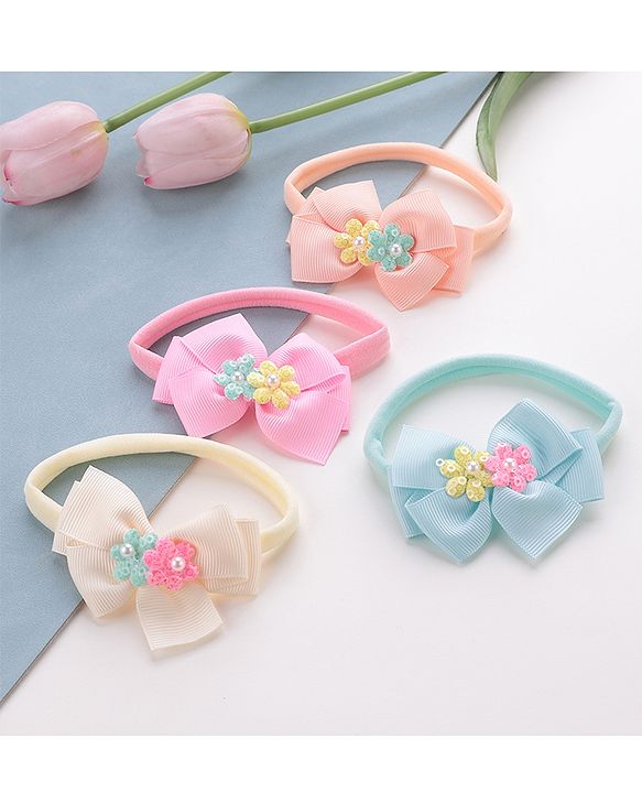 Babyhug Headbands with Floral and Pearl Applique Free Size Pack of 4 - Multicolor