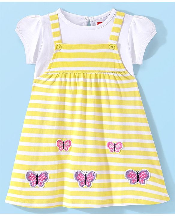 Babyhug Cotton Knit Half Sleeves Inner Tee with Frock Striped & Butterfly Embroidered - Yellow