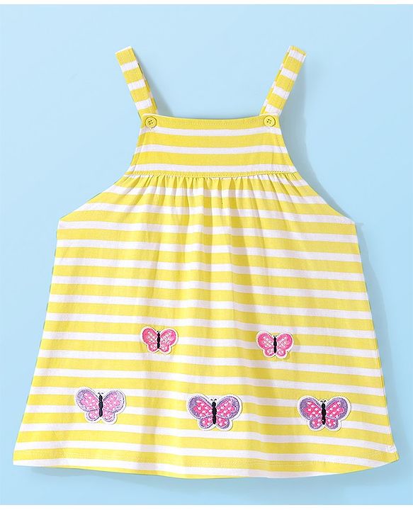 Babyhug Cotton Knit Half Sleeves Inner Tee with Frock Striped & Butterfly Embroidered - Yellow