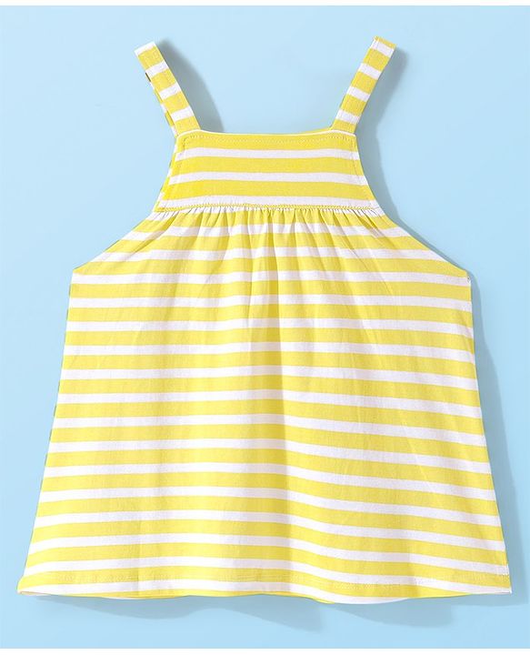 Babyhug Cotton Knit Half Sleeves Inner Tee with Frock Striped & Butterfly Embroidered - Yellow