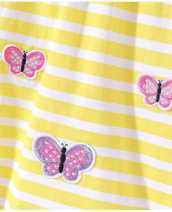 Babyhug Cotton Knit Half Sleeves Inner Tee with Frock Striped & Butterfly Embroidered - Yellow